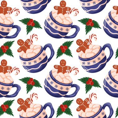 Sıcak çikolata, lokum, zencefilli kurabiye adam, baston şeker ve çizgi film tarzında köknar yapraklarıyla dolu kusursuz bir desen. Noel için tasarım, kış tatili, tebrik kartı.