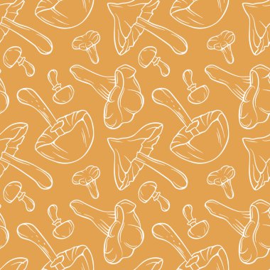 Kusursuz desenli, yenmez ve yenmez mantarlı sarı arka planda sanat tarzı. Chanterelle, Autumn Skullcap, ambalaj kağıdı için Ölümcül Webcap tasarımı, mutfak kağıdı, baskı, depolama paketi.