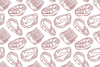 Çizgisiz desenli, sanat tarzı çiğ et, biftek, kaburga ve kuzu beyazı arka plan. Teslimat paketi, mutfak duvar kağıdı ya da kasap dükkanı tasarımı için mükemmel.