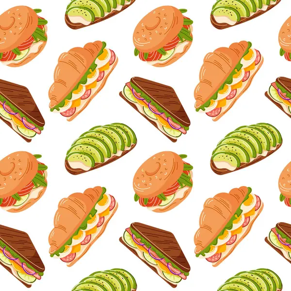 Avokado tostlu, sandviçli, simitli, kruvasanlı kusursuz bir desen. Beyaz arka planda yemek tasarımı, kafe menüsü, restoran dekorasyonu ve yemek paketi için mükemmel.