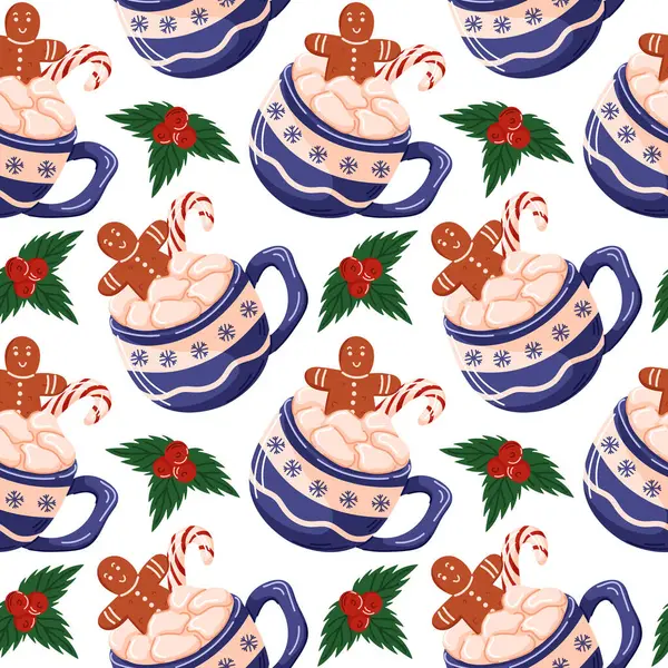 Sıcak çikolata, lokum, zencefilli kurabiye adam, baston şeker ve çizgi film tarzında köknar yapraklarıyla dolu kusursuz bir desen. Noel için tasarım, kış tatili, tebrik kartı.