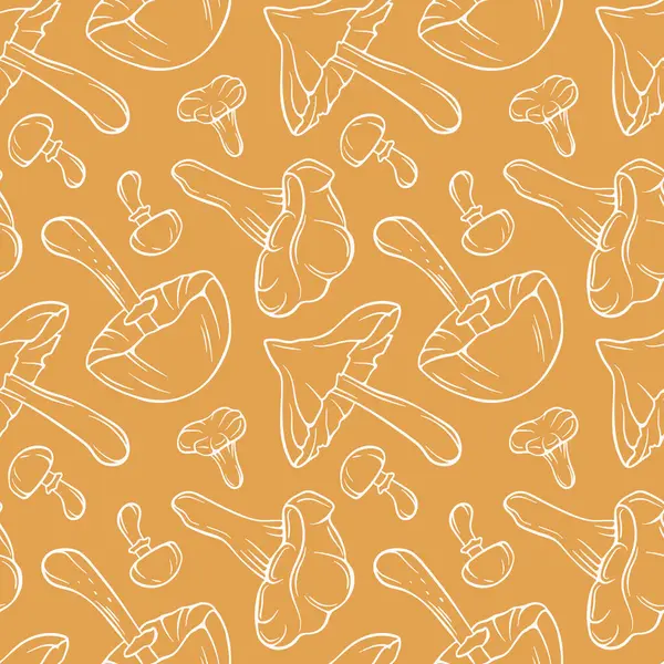 Kusursuz desenli, yenmez ve yenmez mantarlı sarı arka planda sanat tarzı. Chanterelle, Autumn Skullcap, ambalaj kağıdı için Ölümcül Webcap tasarımı, mutfak kağıdı, baskı, depolama paketi.