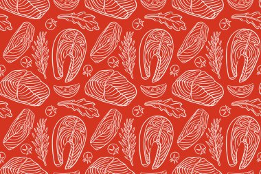 Somon bifteği, şifalı otlar, kırmızı arka planda sanat tarzı sebzeler. Domates, limon dilimleri, biberiye, roka. Menü için kırmızı balık tasarımı, mutfak duvar kağıdı, paket, paket