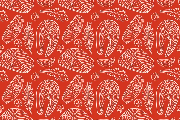 Somon bifteği, şifalı otlar, kırmızı arka planda sanat tarzı sebzeler. Domates, limon dilimleri, biberiye, roka. Menü için kırmızı balık tasarımı, mutfak duvar kağıdı, paket, paket