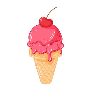 Vişneli dondurma külahı pembe eritme kepçesi ve üstünde çizgi film tarzında waffle külahıyla kırmızı kiraz. Tatlı menüsü için mükemmel, yaz tatlısı ya da yemek grafik tasarımı. Beyaz bir arkaplanda izole edilmiş