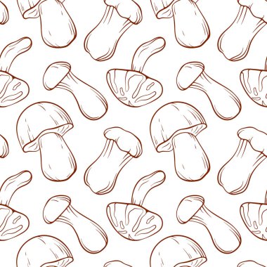 Beyaz arka planda çizgi mantarı olan kusursuz bir desen. Boletus, Trompet, Shiitake gıda ambalajı, mutfak tekstili veya sonbahar mevsimsel tasarımı için çizim