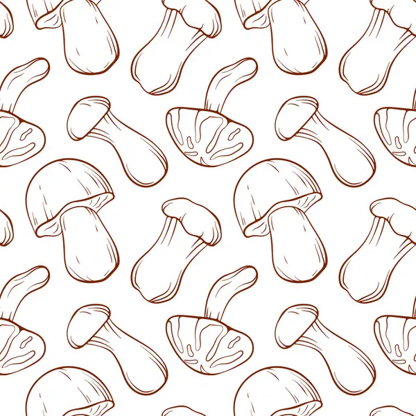 Beyaz arka planda çizgi mantarı olan kusursuz bir desen. Boletus, Trompet, Shiitake gıda ambalajı, mutfak tekstili veya sonbahar mevsimsel tasarımı için çizim