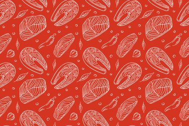 Kusursuz deniz ürünleri deseni, çizgili balık, somon balığı bifteği, kırmızı arka planda kırmızı biber, sarımsak ve otlar. Mutfak paketi, restoran duvar kağıdı ve mutfak tasarımı için mükemmel.