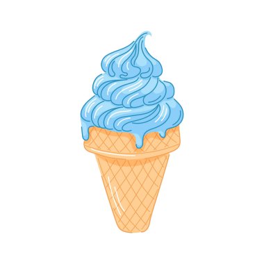 Çizgi film tarzında kremalı naneli dondurma külahı. Tatlı kafe, meyve konsepti ve renkli yemek çizimleri için harika bir yaz tatlısı.