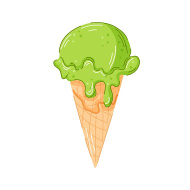 Krem desenli yeşil şerbet külahı çizgi film tarzında waffle külahına damlıyor. Yaz yemeği logosu ve restoran tasarımı için meyveli tatlı ideal.