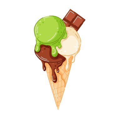 Vanilyalı dondurma külahı, fıstıklı ve çizgi film tarzında koyu çikolata kepçeli. Çikolata, waffle külahının üstünde. Kafe menüsü ve yaz ambalajı grafik tasarımı için mükemmel