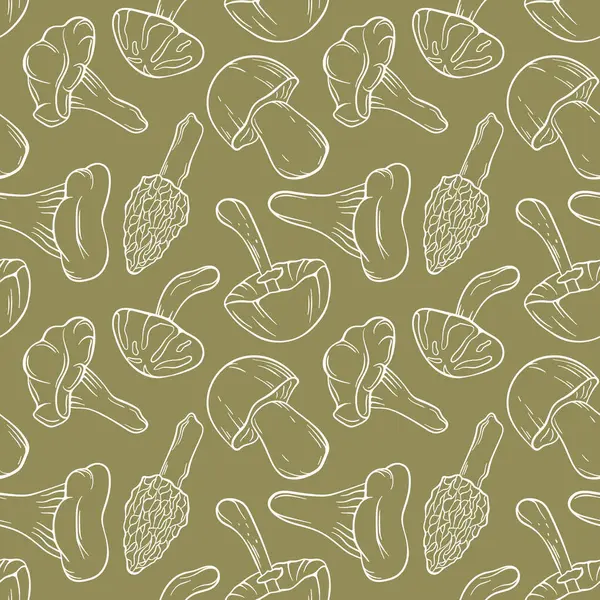 Yeşil arka planda kusursuz çizgili mantar deseni. Boletus, porcini, Chanterelle, Morel, Niscalo, Shiitake, Autumn Skullcap. Gıda teslimatı için mükemmel paketler, doğa ya da botanik sonbahar tasarımı.