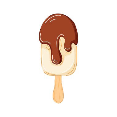 Beyaz arka planda izole edilmiş karikatür tarzında koyu çikolata eritilmiş yumuşak vanilyalı buzlu dondurma. Yaz paketi tasarımı, kafe logosu ya da yemek tarifi kitabı için mükemmel
