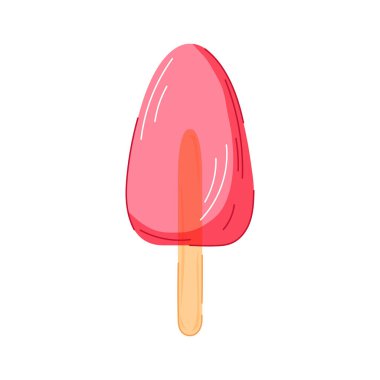 Beyaz arka planda izole edilmiş karikatür tarzında ahşap çubuklu çilekli dondurma. Yaz tasarımı ve kafe menüsü için ideal