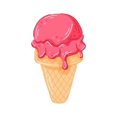 Vişneli ya da çilekli dondurma külahında çizgi film tarzında waffle külahı var. Tatlı menüsü için dondurma ya da şerbet tasarımı, yaz tatlısı ya da yemek grafiği. Beyaz bir arkaplanda izole edilmiş