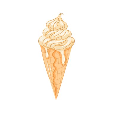 Çizgi film tarzında kıvrımlı kremalı vanilyalı dondurma külahı. Yaz teması, kafe menüsü konsepti ve renkli yemek projesi için ferahlatıcı tatlı.