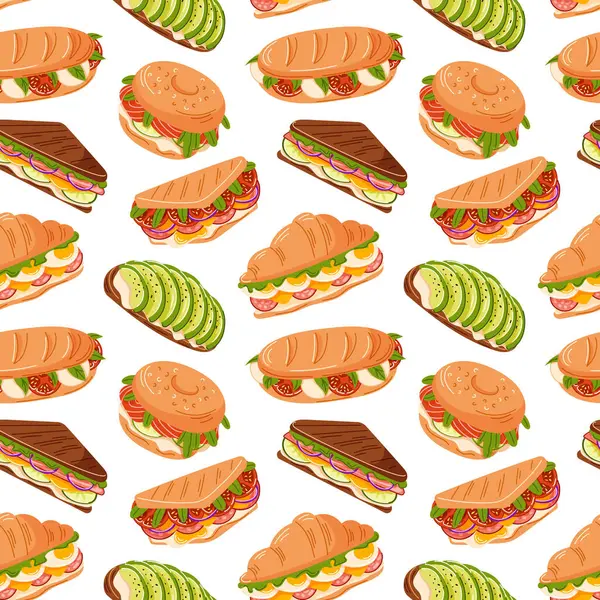 Avokado tostlu kusursuz desen, sandviç, simit, kruvasan, baget. Mutfak tasarımı, kafe menüsü, mutfak geçmişi ve yiyecek ambalajı için mükemmel.