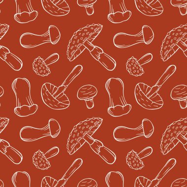 Kırmızı arka planda mantarlı kusursuz desen. Trompet, Fly Agaric, Yok Eden Melek, Şampiyon. Yemek tasarımı, teslimat ambalajı, kumaş veya mutfak kağıdı için mükemmel..