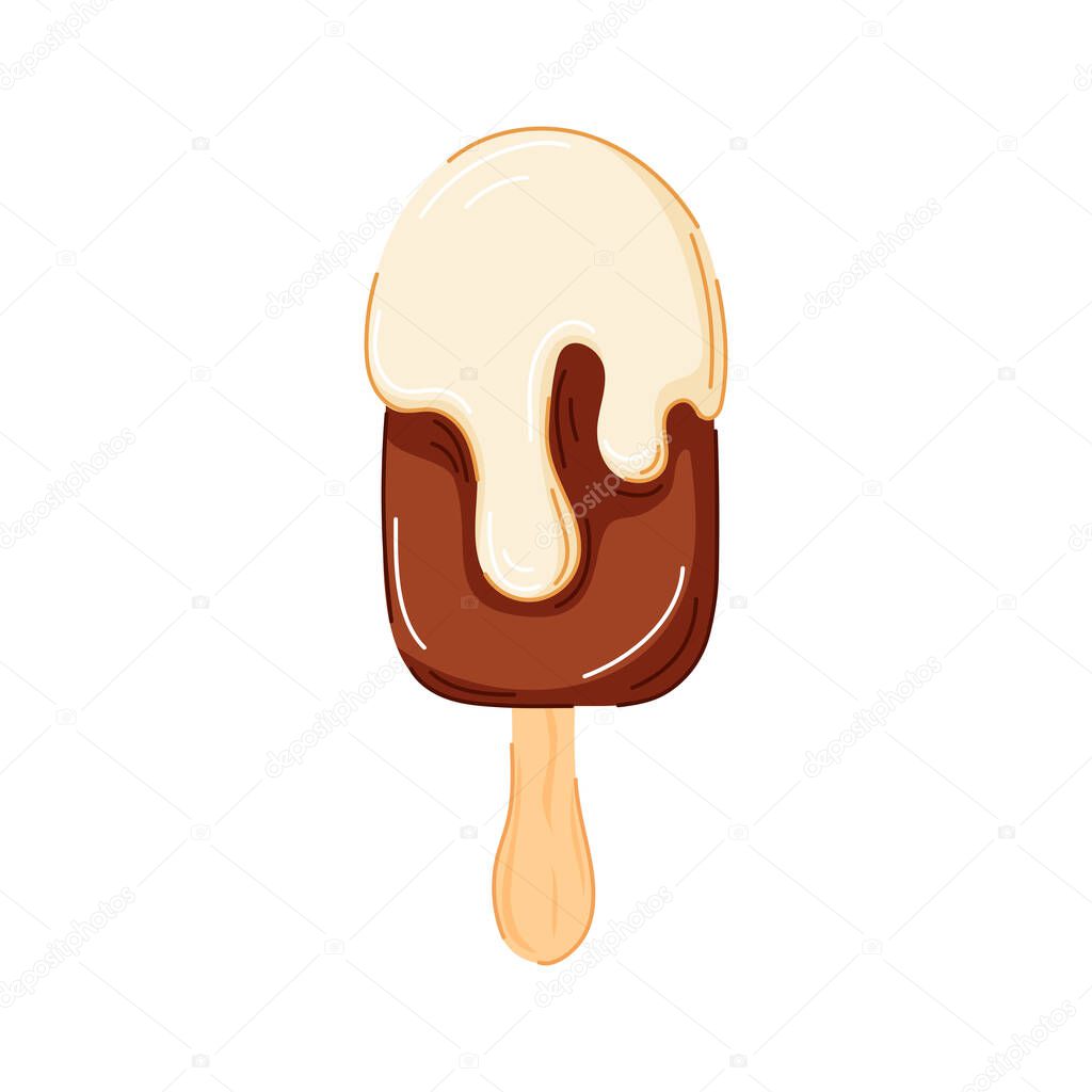 Smooth dark chocolate popsicle ice cream with topped vanilla chocolate in cartoon style isolated on white background. Perfect for summer cafe design, restaurant logo or recipe book