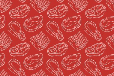 Kusursuz desenli, çiğ et, biftek, kaburga ve kuzu eti tarzı sanat eseri. Kasap dükkanı ambalajı, mutfak duvar kağıdı ya da market için mükemmel.