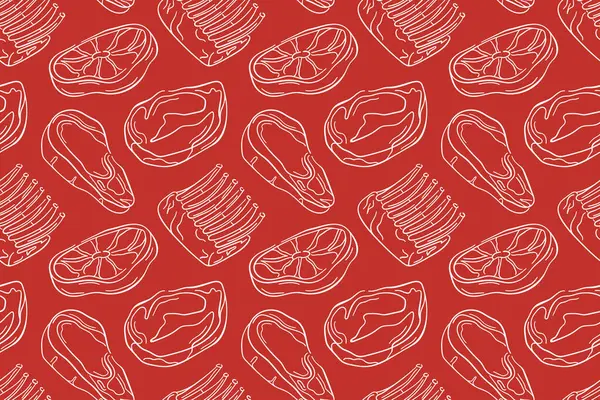 Kusursuz desenli, çiğ et, biftek, kaburga ve kuzu eti tarzı sanat eseri. Kasap dükkanı ambalajı, mutfak duvar kağıdı ya da market için mükemmel.