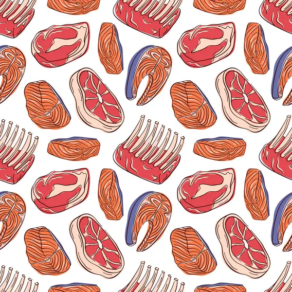 Düz et ve balık parçaları, biftek, pirzola ve beyaz arka planda somon. Paketleme, mutfak duvar kağıdı tasarımı ya da mutfak teması için mükemmel