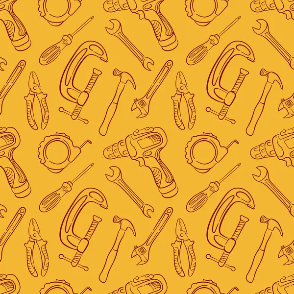 Çizgili sanat aletleriyle kusursuz desen, matkap, çekiç, İngiliz anahtarı ve sarı arka planda tornavida. İnşaat, hırdavat, market ve endüstriyel tasarım için mükemmel.
