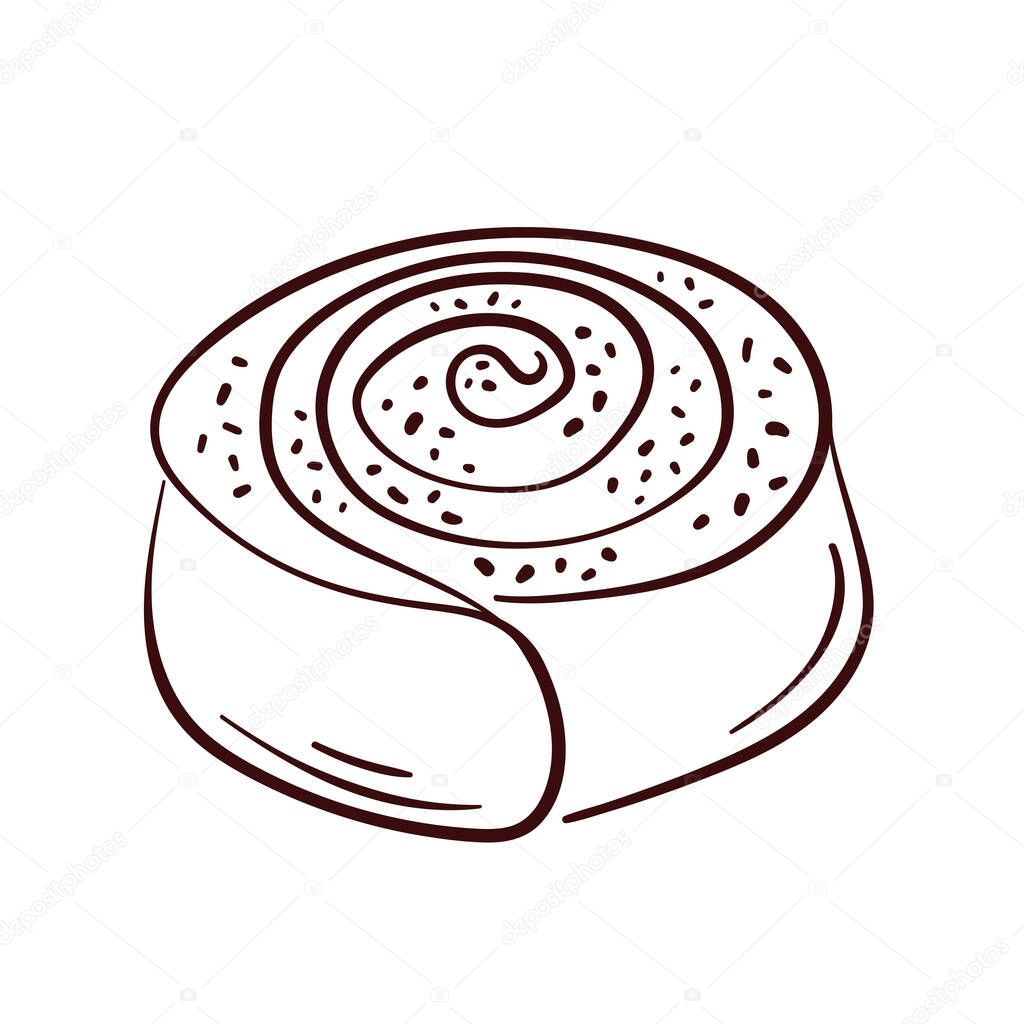 Cinnamon roll pastry in line art style. Perfect for bakery branding logo, food packaging, breakfast menu design and sweet pastry theme