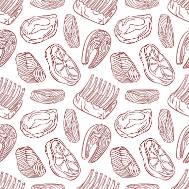 Beyaz arka planda et, balık, biftek, pirzola ve somon gibi hatları olan kusursuz bir desen. Kasap ambalajı, duvar kağıdı market tasarımı ya da mutfak kitabı için mükemmel.