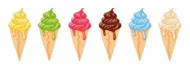 Canlı renkte, sarı, yeşil, pembe, kahverengi, mavi ve beyaz renkli dondurma kümesi. Beyaz arka planda izole edilmiş tatlı tasarımı için mükemmel.