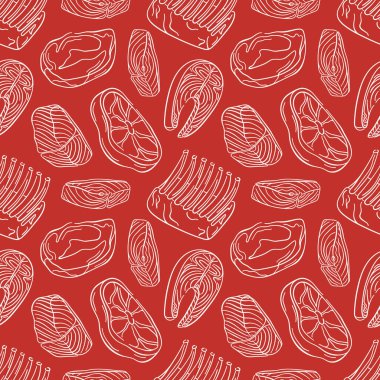 Kırmızı arka planda et bifteği ve somon balığı çizgisi şeklinde kesilmiş kusursuz bir desen. Mutfak tasarımı, teslimat paketi, market duvar kağıdı ve mutfak menüsü için mükemmel.
