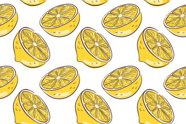 Pürüzsüz sarı limon desenli, beyaz arka planda düz şekilli segmentleri var. Taze narenciye teması, yaz tasarımı, mutfak dekorasyonu ve sağlıklı besin örnekleri için mükemmel.