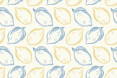 Limonlu meyve ve yapraklı kusursuz limon deseni beyaz arka planda sanat tarzında. Yaz tasarımı, mutfak kağıdı, ambalaj ya da taze meyve projesi için mükemmel.