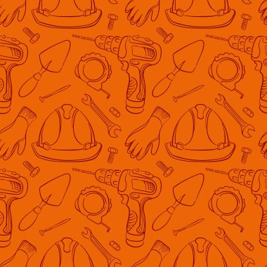 Delme, kask ve eldivenli kusursuz yapı kalıbı. İngiliz anahtarı ve aletler turuncu arka planda sanat eseri gibi. İnşaat endüstrisi, ambalaj ve mühendislik tasarımı için mükemmel.