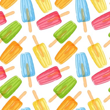 Beyaz zemin üzerinde kırmızı, mavi, yeşil, sarı ve turuncu renkli çeşitli buzlu dondurmaların renksiz deseni. Yaz teması, yemek paketleme ve tatlı tatlı tasarımı için mükemmel.