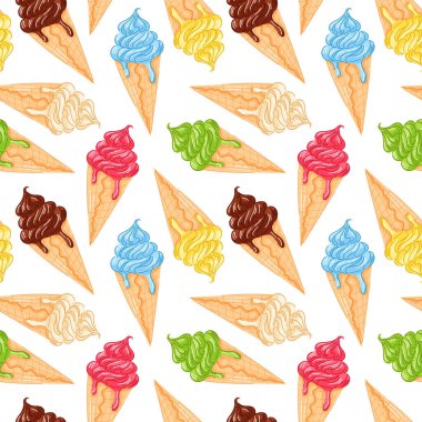 Yumuşak dondurma külahının kusursuz deseni çeşitli aromalı eritme kepçeleri çizgi film tarzında. Yaz arkaplanı, ambalaj ve gıda temalı tekstil tasarımı için mükemmel
