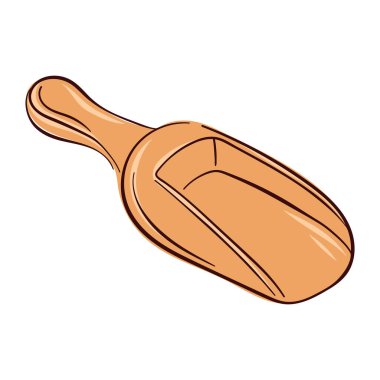 Baharat unu veya tahıl ölçmek için beyaz arka planda izole edilmiş ahşap bir kepçenin el çizimi. Yemek teması, mutfak gereçleri ve yemek hazırlama görsel için mükemmel.