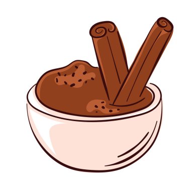 Tarçın tozuyla dolu bir kase ve beyaz arka planda izole edilmiş düz stil sopa. Baharat, bitki, yemek pişirme ve tarif kitabı tasarımı için mükemmel.