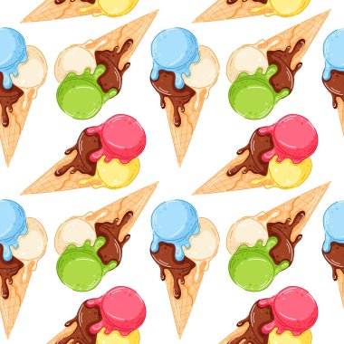 Çikolata, çilek, limon, kivi, yabanmersini ve vanilya aromalı, çizgi film tarzında üçlü erimiş dondurma külahlı kusursuz desen. Yaz tasarımı için mükemmel bir duvar kağıdı.