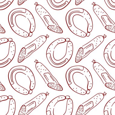 Beyaz arka planda çizgili sanat tarzı sosis ve salamlı kusursuz desen. Salam günü, et ambalajı, kasap dükkanı, meze menüsü, yemek tasarımı ve mutfak dekorasyonu için mükemmel.