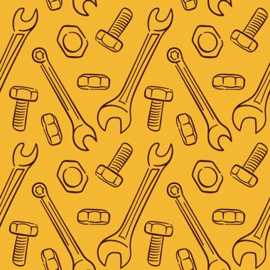 Sarı arka planda ingiliz anahtarı, cıvata, ceviz ve vida ile hizalı sanat tarzı kusursuz desen onarım araçları. İnşaat ve bina tasarımı için mükemmel.