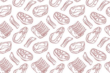 Kusursuz çizgili sanat tarzı biftek, pastırma, kaburga ve beyaz arka planda kesilmiş et. Kasap ambalajı, mutfak dekorasyonu, yemek menüsü, ızgara restoranı veya barbekü tasarımı için mükemmel.