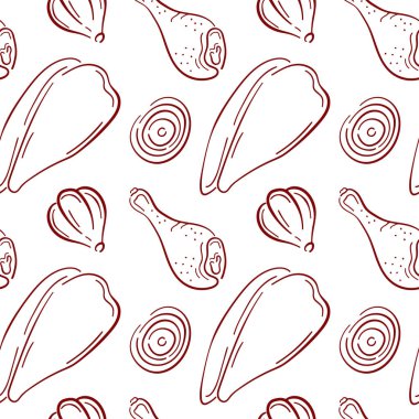 Tavuk budu ve fileto, sarımsak ve soğanlı kusursuz desen beyaz arka planda sanat tarzında. Kasap dükkanı teslimatı, yemek kitabı ve mutfak tasarımı için mükemmel.