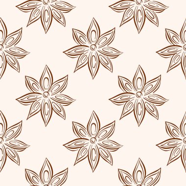 Bej arka planda çizgi halinde kusursuz yıldız anason deseni. Baharat ambalajı, mutfak dekorasyonu veya doğal yemek teması tasarımı için mükemmel.