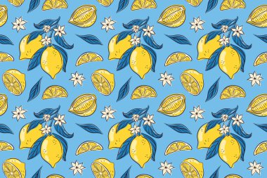 Kusursuz limon desenli, bütün, meyve dilimi, çiçek ve yaprak mavi arka planda düz bir şekilde. Turunçgil teması, doğal gıda tasarımı, sağlıklı yaşam tarzı ve tropikal taze konsept için mükemmel.