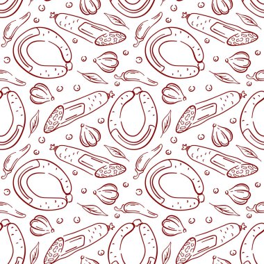 Çizgili sanat sosisi, sarımsak, biber, şifalı ot ve baharat karışımı. Gıda ambalajı, mutfak tekstili, et ürünü, markalaşma ve aşçılık tasarımı için mükemmel.