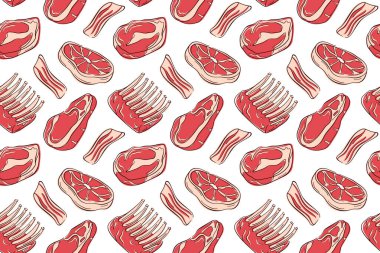 Düz bir biftek, domuz pastırması, pirzola ve beyaz arka planda kesilmiş et örneği. Kasap dükkanı, ambalaj ve mutfak tasarımı teması için ideal