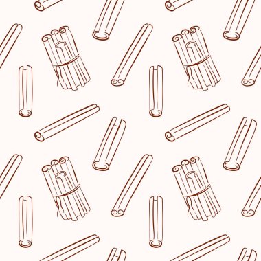 Elle çizilmiş tarçın çubuğu ile kusursuz desen kahverengi çizgi sanat tarzında. Baharat paketi, mutfak dekorasyonu, ambalaj, bitkisel arka plan ve organik proje için mükemmel