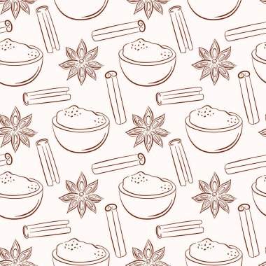 Tarçın, sopa ve yıldız anasonlu kusursuz baharat deseni. Mutfak geçmişi, gıda ambalajı ve doğal organik mutfak tasarımı için ideal.