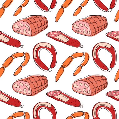 Beyaz arka planda sosisli ve jambonlu kusursuz düz bir desen. Kasap dükkanı, ambalaj yiyeceği, arka plan mutfağı, menü veya geleneksel et mutfağı tasarımı için mükemmel